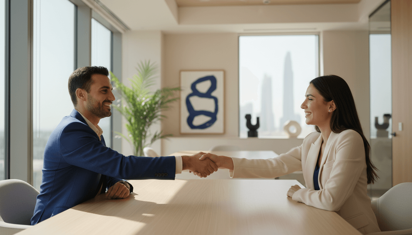 Two professionals shaking hands in a bright modern Dubai office