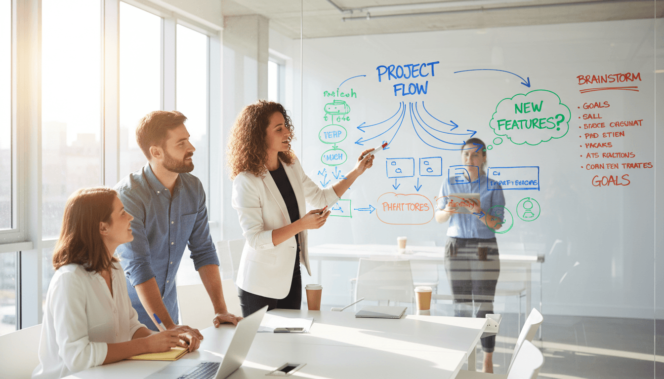 Group of professionals collaborating around a whiteboard in a bright meeting room