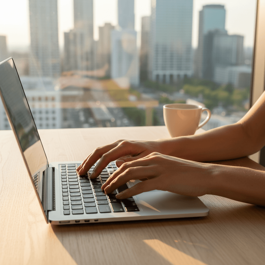 Hands typing on a laptop with city view