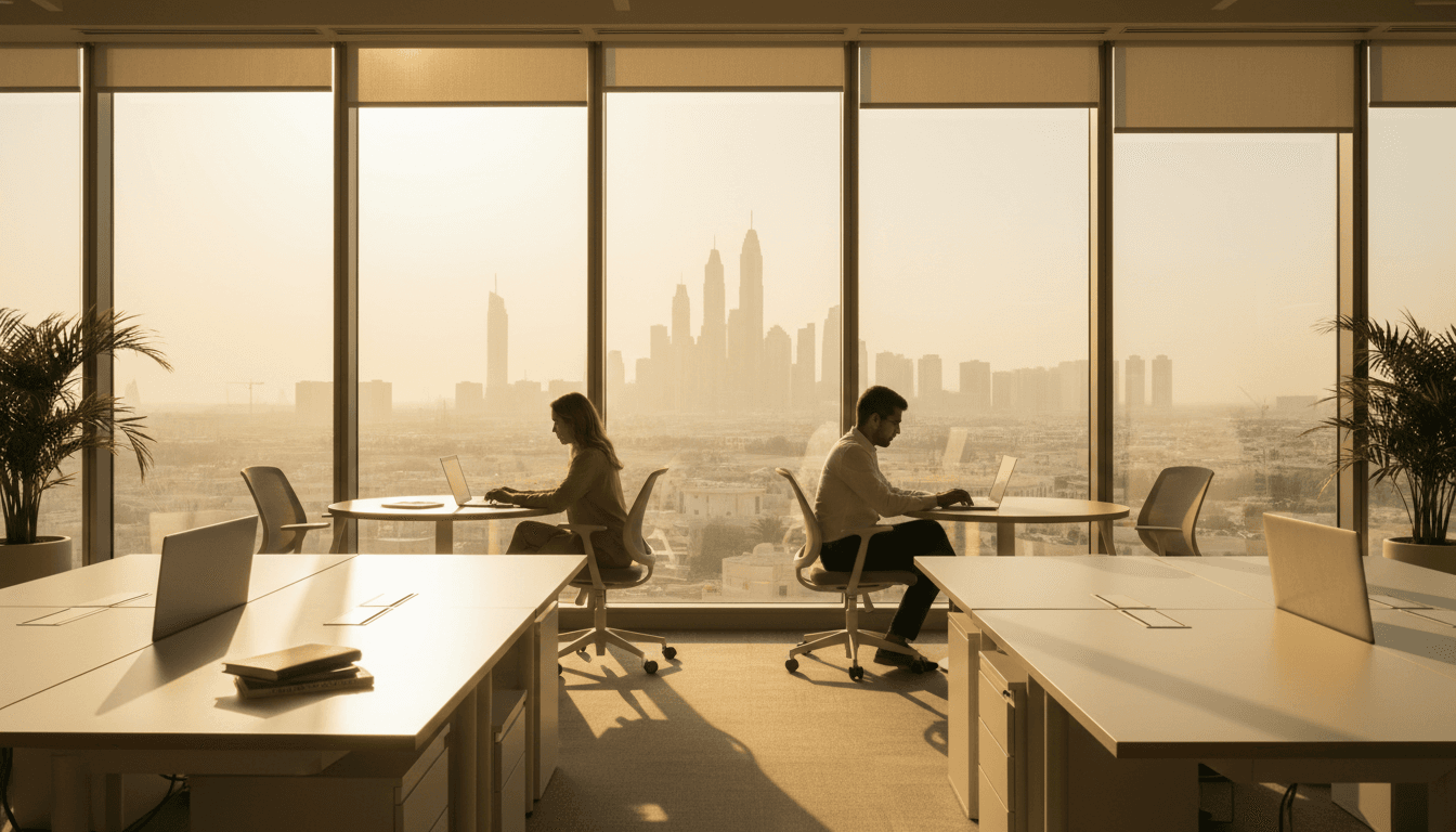 Sunlit co-working space with professionals working on laptops in Dubai
