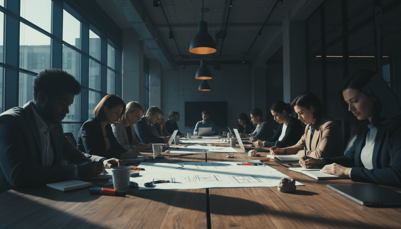 Diverse team of professionals collaborating around conference table in modern workspace with dramatic cinematic lighting