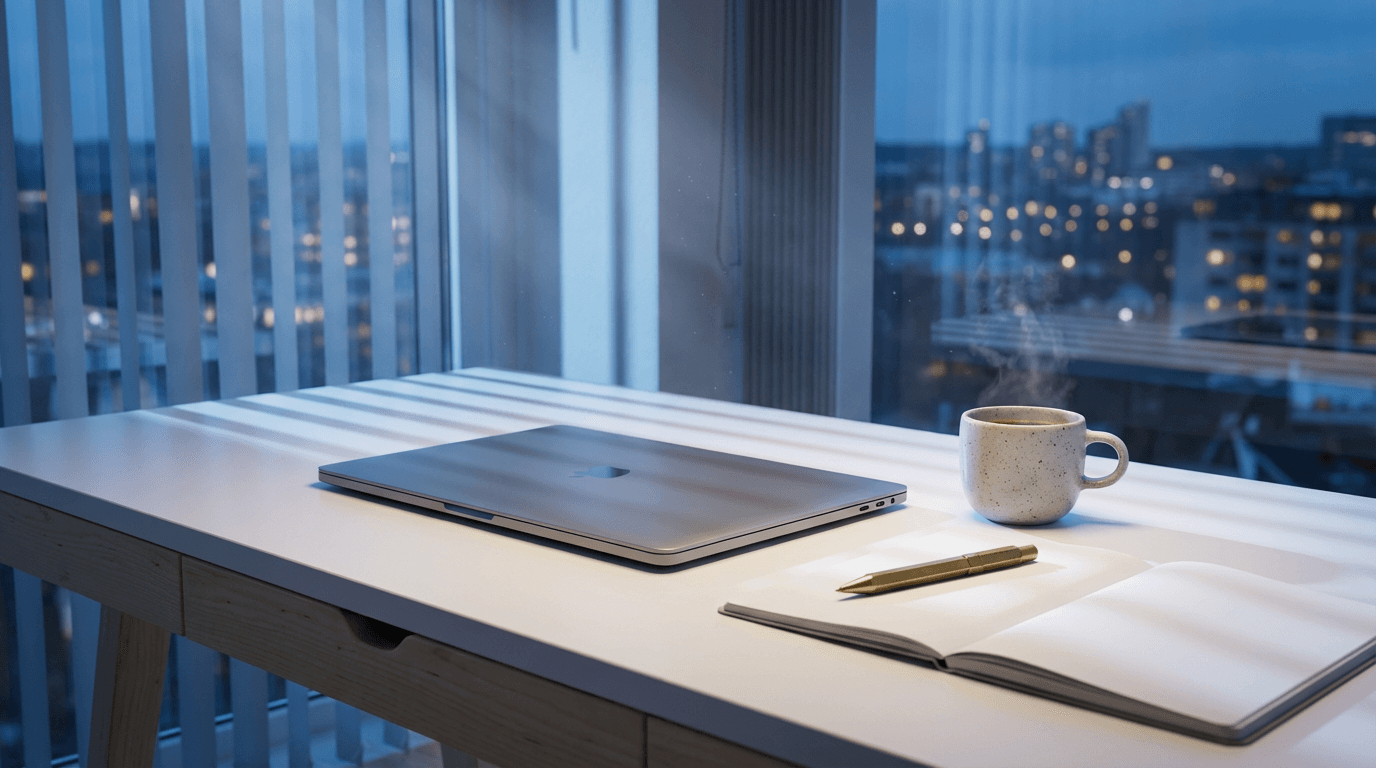 Minimalist desk with laptop and network glow
