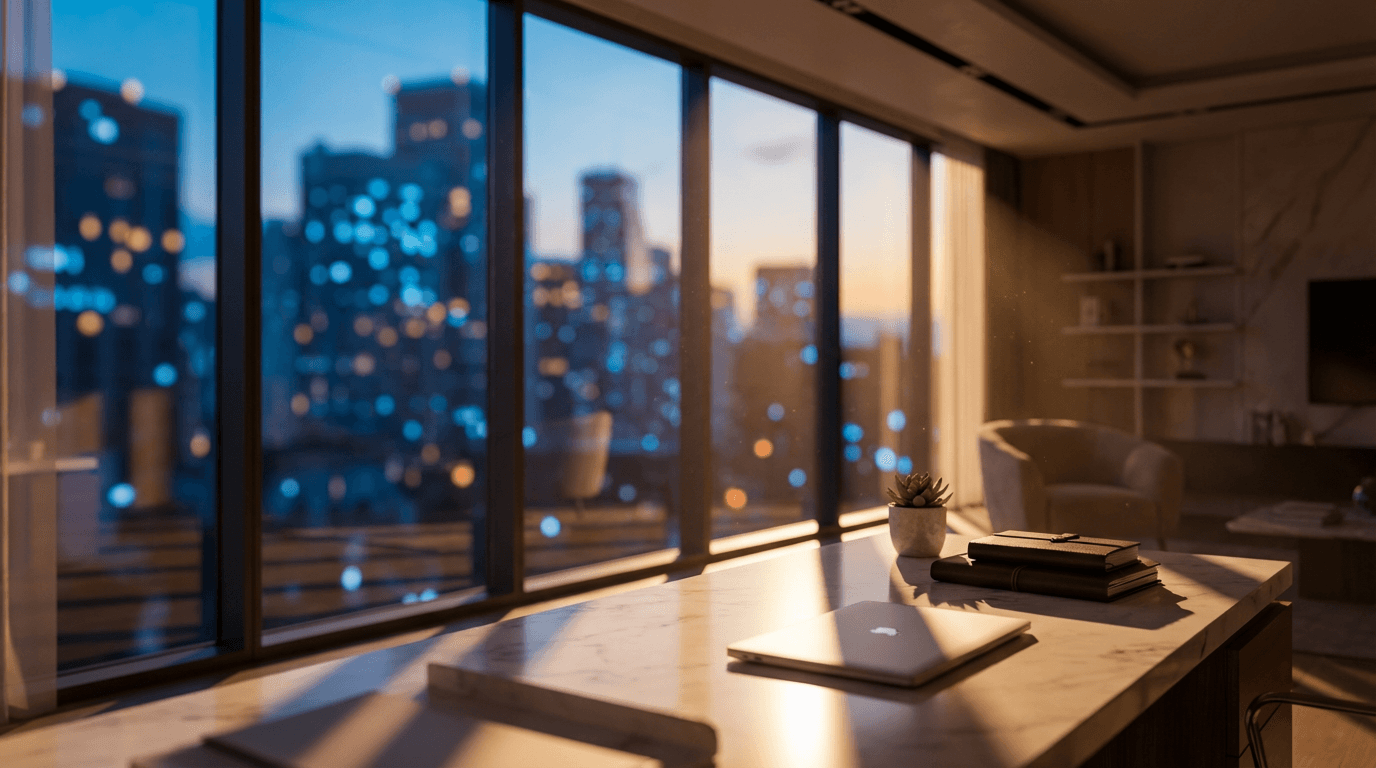 Minimalist Dubai office interior at dusk with laptop on desk and city skyline